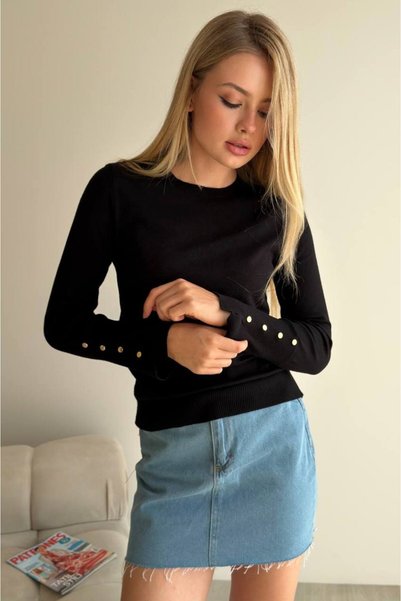 Noi Belis Crew Neck Gold Button Sleeve Detail Long Sleeve Basic Knitwear Swea...