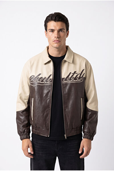 Mach Men's Oversize Bomber Leather Jacket with Fur Inside