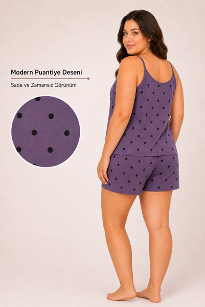 Bravie Women's Plus Size Rope Strap Collar Lace Purple Polka Dot Patterned Summer Pajama Set