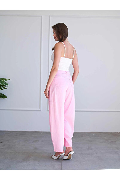 Moda Days Women's Pink Loose Fit Lyocell Trousers High Waist with Pockets Ank...