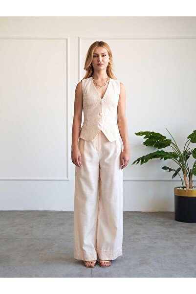 Moda Days Women's Cream Vest Trousers Set Lace Detailed V-Neck Buttoned Wide Leg