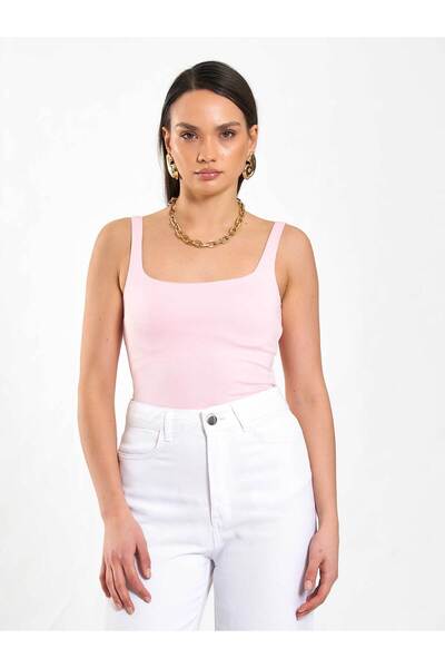Moda Days Women's Pink Sleeveless Square Neck Thick Strap Slim Fit Viscose Bl...