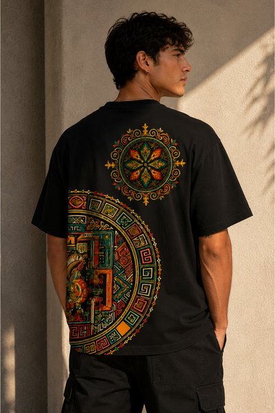 BRZ COLLECTION Unisex Oversize Aztec Heritage T-Shirt Black