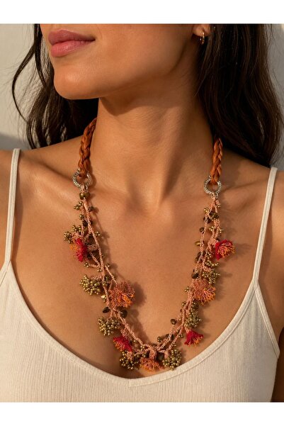 Generic Brand Elemeği Needlepoint Design Floral Necklace / Silk Cord Necklace