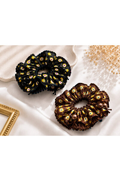 İnDerin Women's Patterned Rubber Hair Clips with Ruffled Bead Detail, Black B...