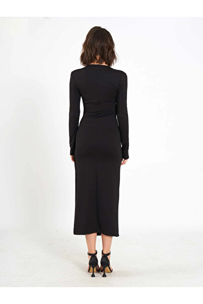 Clothes Fast Women's Black Front Draped Accessory Detailed Slit Long Sleeve M...