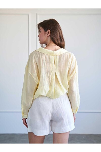 Moda Days Women's Yellow Oversize Open Collar Long Sleeve Buttoned Cotton Shirt