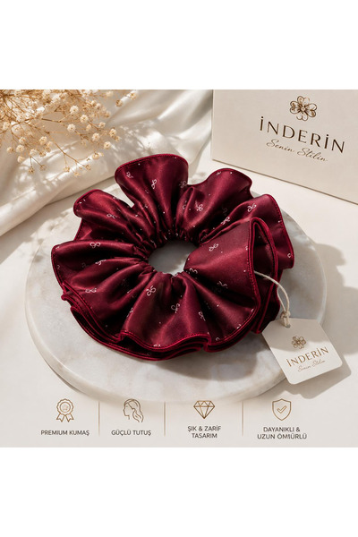 İnDerin Luxury Oversized Satin Scrunchie Hair Tie – Patterned Burgundy Volumi...
