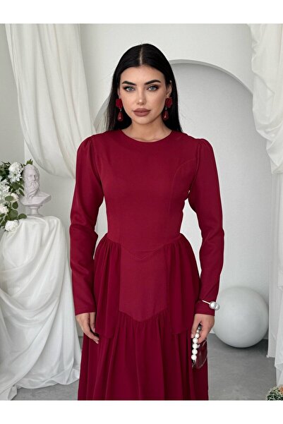 Clothes Fast Women's Burgundy Long Sleeve Crew Neck Layered Chiffon Midi Dres...
