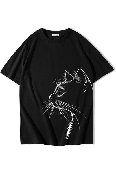 BRZ COLLECTION Tricou unisex oversize Midnight Cat negru