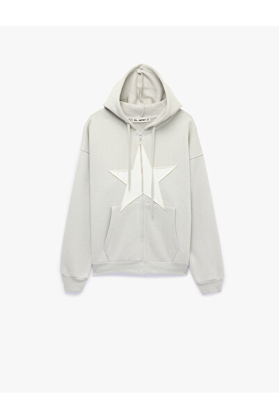 Koton Three-Thread Embroidered Star Embellished Kangaroo Pocket Hooded Zipper...