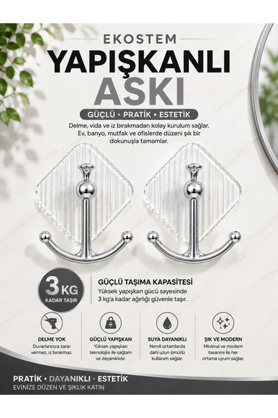 Ekostem Mutfak - Banyo Düzenleyici Gold Detay Yapışkanlı Kristal Askı 2 Adet