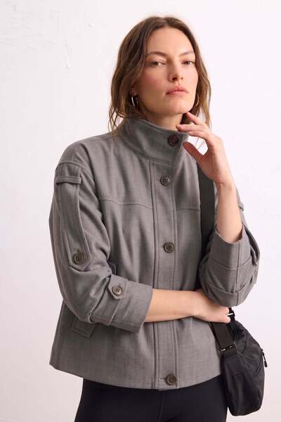 BARRELS AND OIL Women's Stand Collar Epaulet Short Jacket - Anthracite