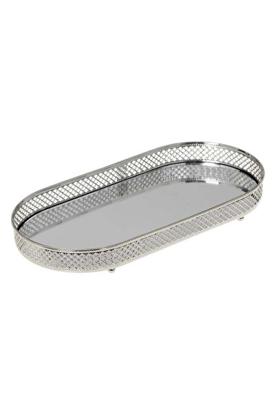 CATIANO Suport Oval Tava cu Oglinda si Margine Argintie pentru Lumanari 33x16...