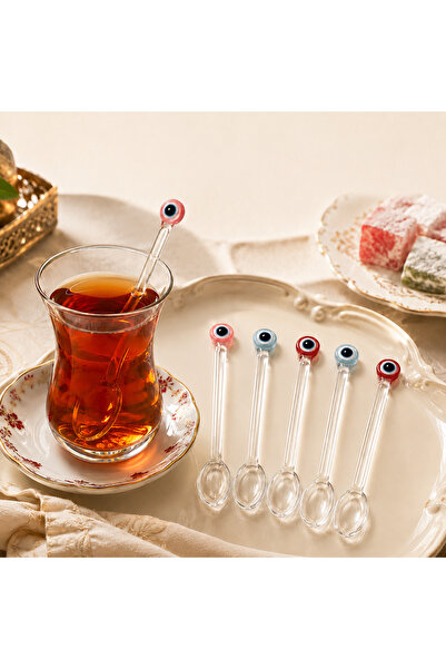 kitchen soft 6’lı Cam Çay Kaşığı Seti – Nazar Boncuğu veya Uğur Böceği Desenl...
