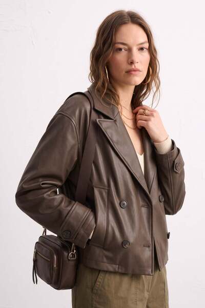BARRELS AND OIL Women's Double-Breasted Collared Buttoned Leather Jacket - Bi...