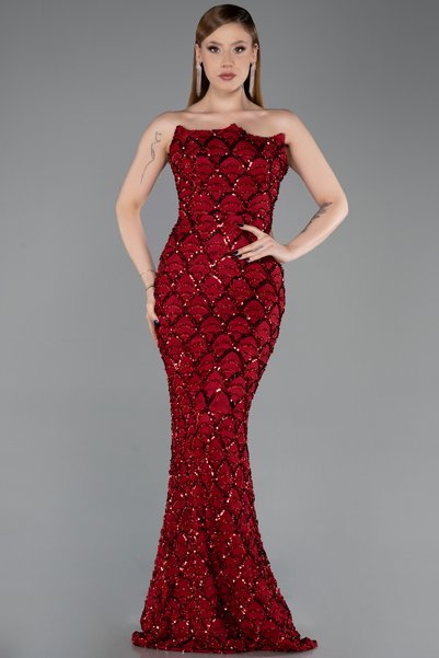 Abiyefon Bordo Straplez Uzun Pullu Balık Abiye Elbise ABU5701