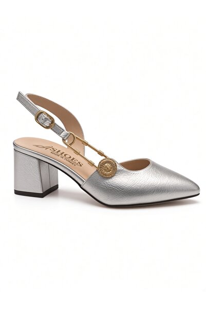 McDark Women's Classic Buckle Pointed Toe Low Thick Heeled Shoes-Silver