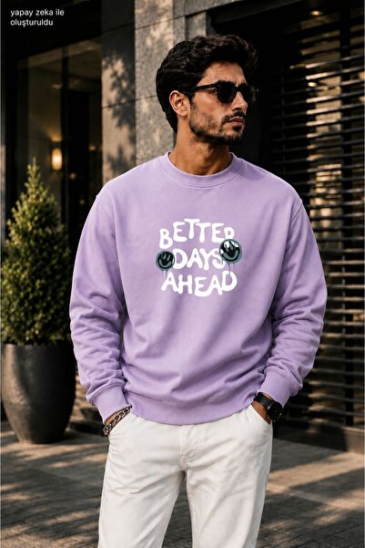 caddekombin سويت شيرت رجالي كاجوال برقبة دائرية مطبوع عليه Better Days Ahead