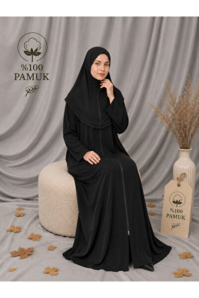 Defkay %100 Pamuk Fermuarlı Dantelli Tesettür Namaz Elbisesi