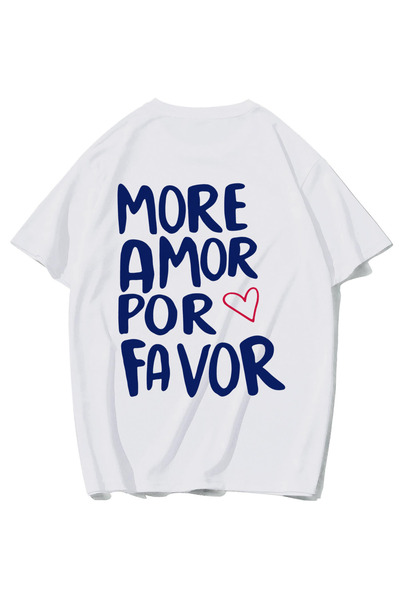 BRZ COLLECTION تي شيرت للجنسين مقاس كبير More Amor Por Favor باللون الأبيض
