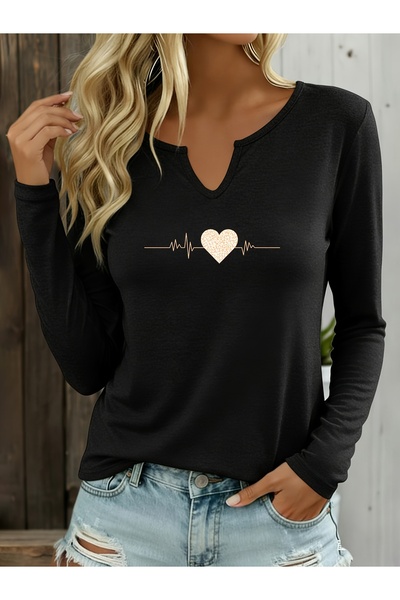 Deocept Printed Cotton Half V-Neck Long Sleeve Blouse T-Shirt