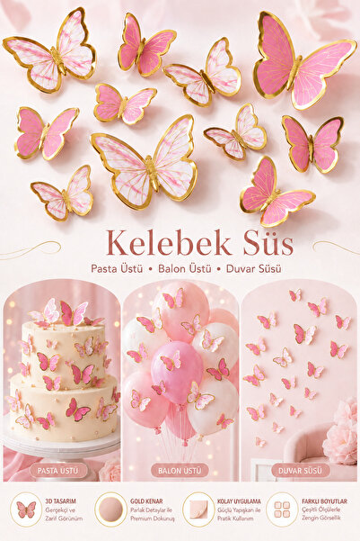 BalonArt 21 Adet Pembe Gold Kelebek Süs Sticker Pasta Balon Ve Duvar Süsü Doğ...