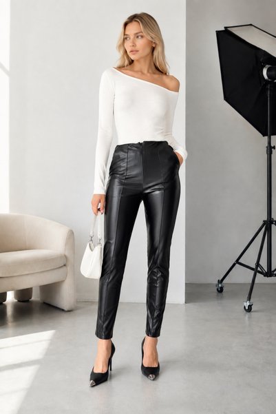 SHEVEGA Women's Black High Waist Skinny Leg Leather Pants