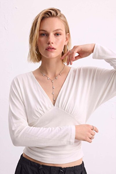 BARRELS AND OIL Women's V-Neck Draped Blouse with Waist Tie - Ecru