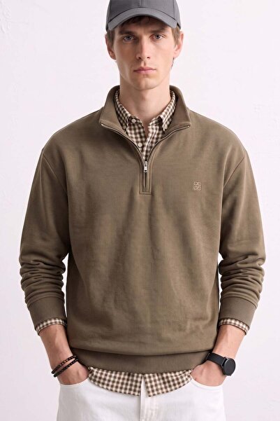 BARRELS AND OIL Men's Half-Zip Stand Collar Thessaloniki Sweatshirt - Brown