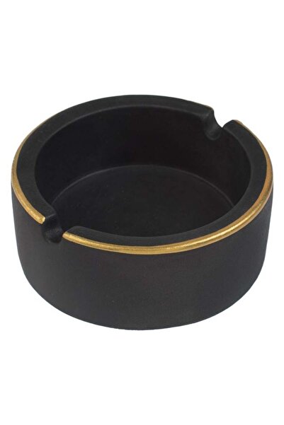 CATIANO Scrumiera din Ciment Rotunda Neagra cu Margine Aurie Ø8.5x3.5cm
