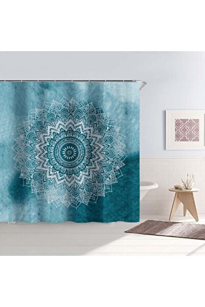 CATIANO Perdea Dus, AAA, PEVA, Albastru, Mandala, 180x180cm, include 12 inele