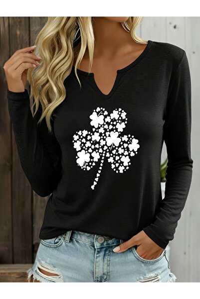 Deocept Printed Cotton Half V-Neck Long Sleeve Blouse T-Shirt