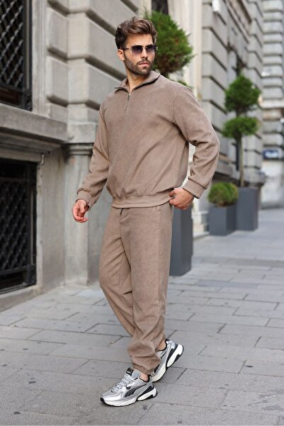 Madmext Mink Zipper Detailed Stand Collar Fleece Men's Tracksuit Set E7372