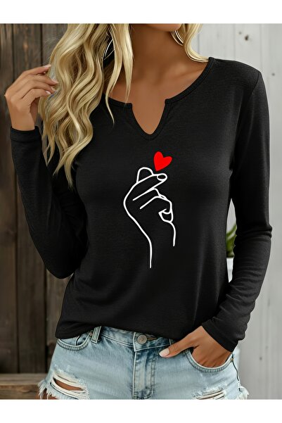 Deocept Printed Cotton Half V-Neck Long Sleeve Blouse