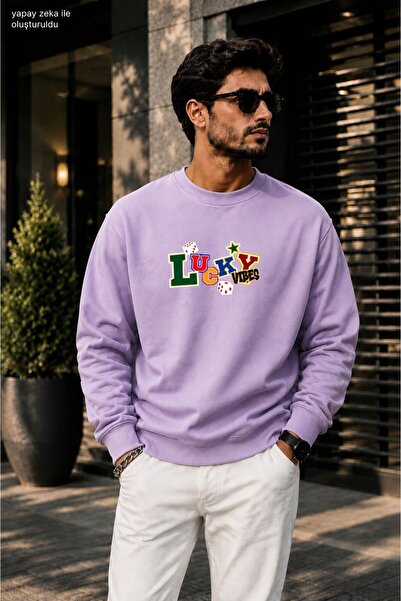 caddekombin Men's Lucky Vibes Printed Cycling Round Neck Casual Sweatshirt