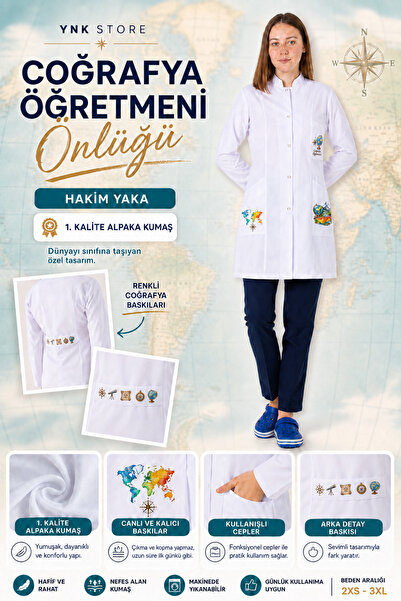 YnkStore Coğrafya öğretmeni hakim beyaz basklı kadın öğretmen önlüğü alpaka k...