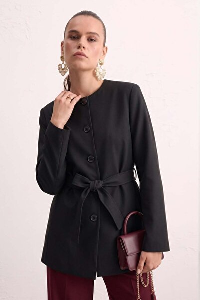 BARRELS AND OIL Women's Tie-Waist Crew Neck Jacket - Black