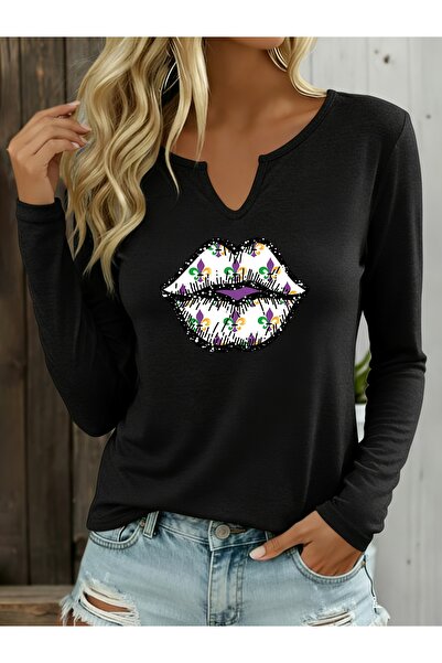 Deocept Printed Cotton Half V-Neck Long Sleeve Blouse T-Shirt