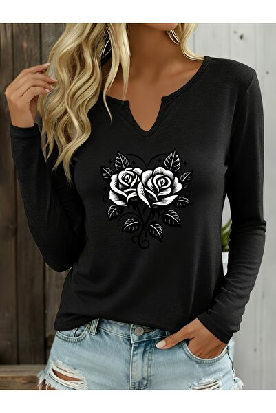 Deocept Printed Cotton Half V-Neck Long Sleeve Blouse T-Shirt