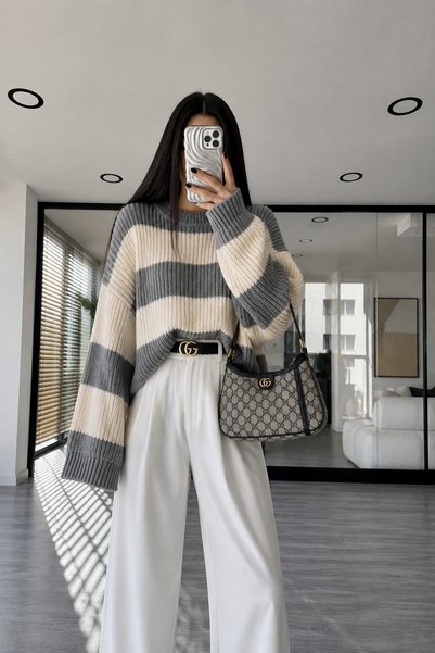 pepule kadın Ekru Çizgili Oversize Bisiklet Yaka Triko Kazak