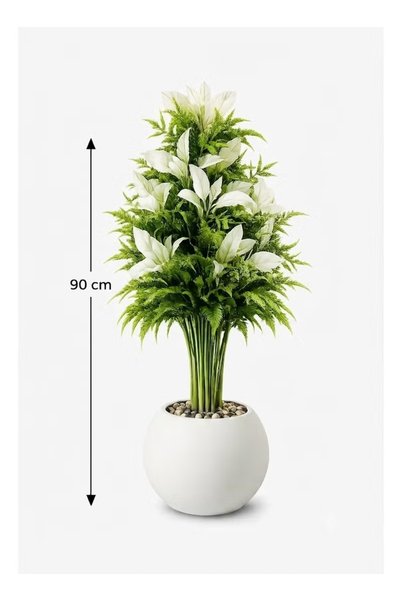 Generic Brand نبات سرخس اصطناعي أنيق وأوراق بيضاء في وعاء أبيض دائري، خضرة صناعية كثيفة للمنزل والمكتب وغرفة المعيشة وغرفة النوم والديكور الداخلي العصري
