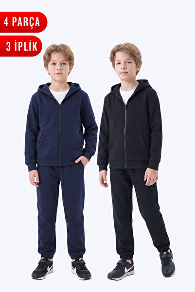 FYK KİDS 3 Thread Plain Boys' Zippered Hooded 2-Piece Tracksuit Set 4 Pieces
