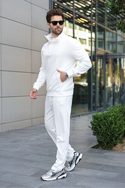Madmext Ecru Stand Collar Half Zipper Men's Tracksuit Set with Pockets E7373