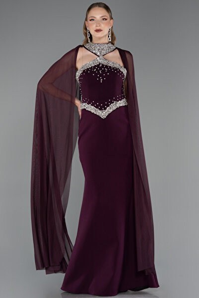 Abiyefon Mor Taşlı Straplez Yaka Peplum Uzun Balık Abiye Elbise ABU5866