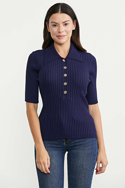 Sementa Button Detailed Short Sleeve Knit Sweater - Navy Blue