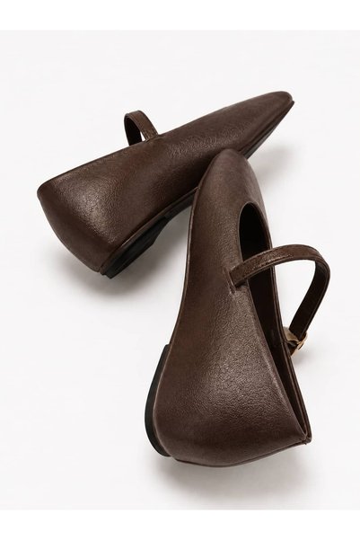 Lizy Shoes Women's Brown Leather Strappy Ballerinas with Gold Buckle, Square Toe, Daily Stylish and Comfortable Ballerinas