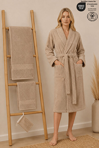 Ellaline Eldy Women's Bathrobe Set 4 Pieces, 100% Cotton Certified Striped Sh...