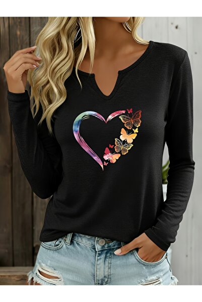 Deocept Printed Cotton Half V-Neck Long Sleeve Blouse T-Shirt
