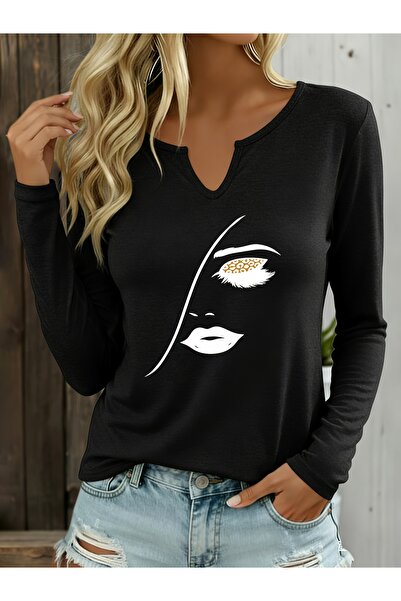 Deocept Printed Cotton Half V-Neck Long Sleeve Blouse T-Shirt